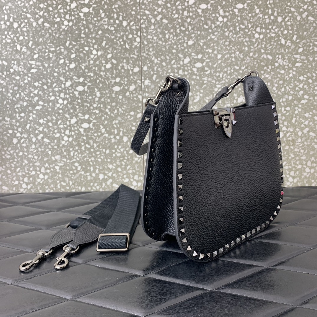 Valentino Garavani Rockstud Hobo Bag in Black Grainy Calfskin